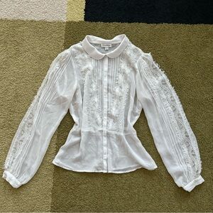 OLSENBOYE Elegant White Lace Buttondown Blouse w Peplum